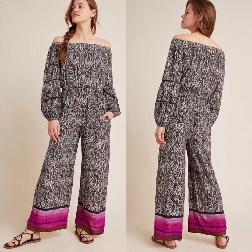 NWT Anthropologie BLNK Periza snakeskin off the shoulder wide leg jumpsuit XS
